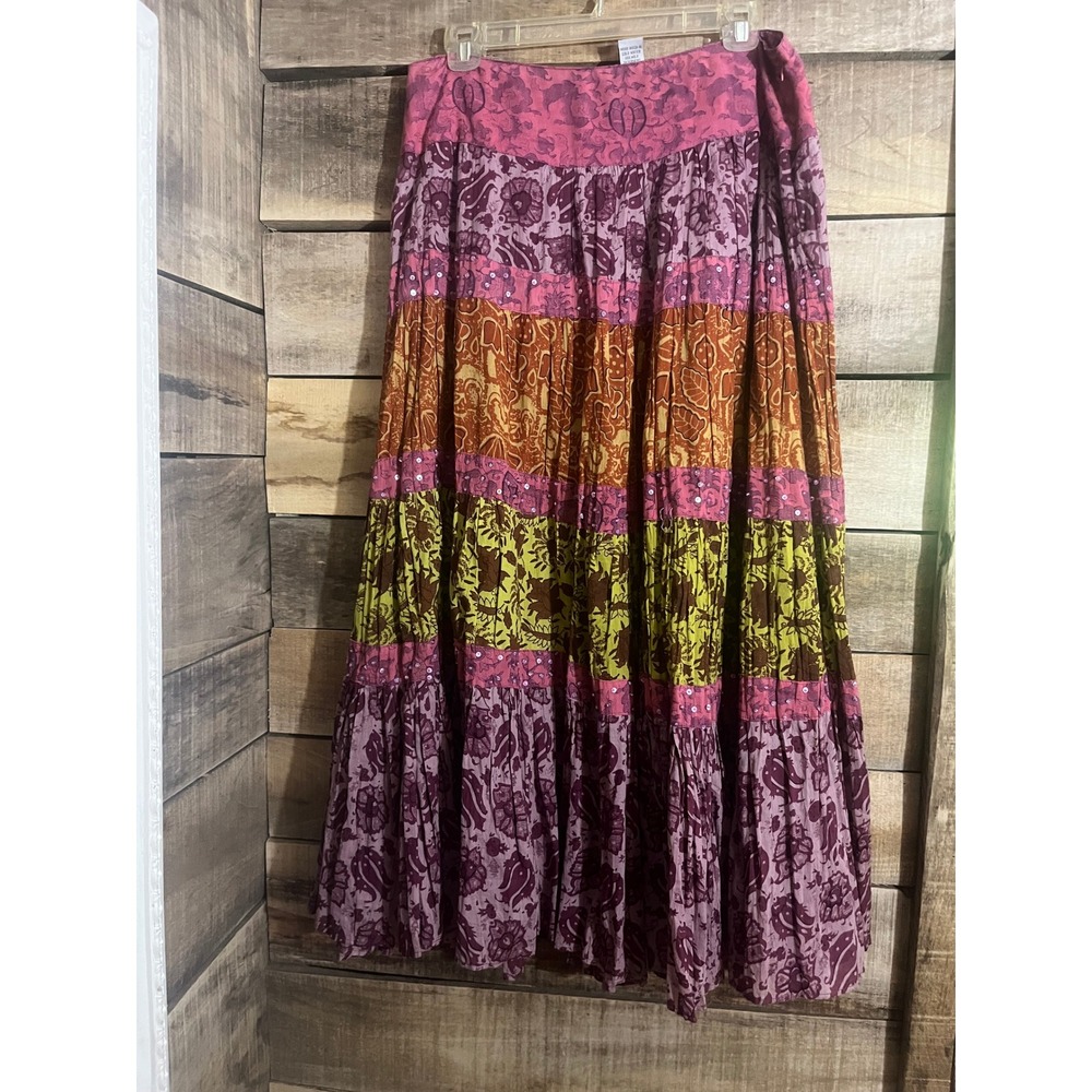 Alberto Makali Womens Pink Floral Tiered Sequin Cotton Maxi Skirt Size 10 Boho